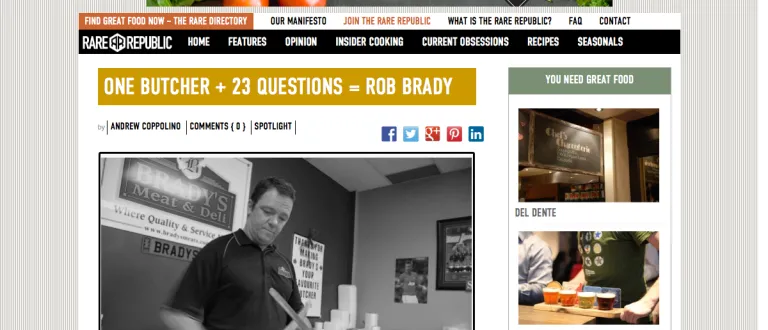 A screenshot of the Rare Republic website's article titled "One butcher + 23 questions = Rob Brady"
