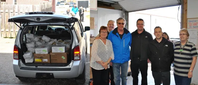 Two photos of Rob Brady delivering donations to the Cambridge Self-Help Food Bank