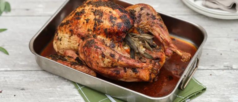 A smoked, whole turkey, in a roasting pan with gravy, on a picnic table.